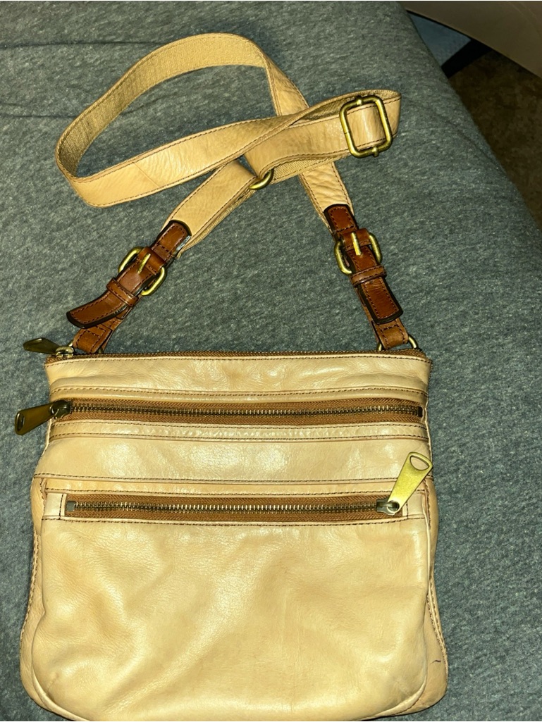 Fossil Beige And Brown Leather Crossbody Bag